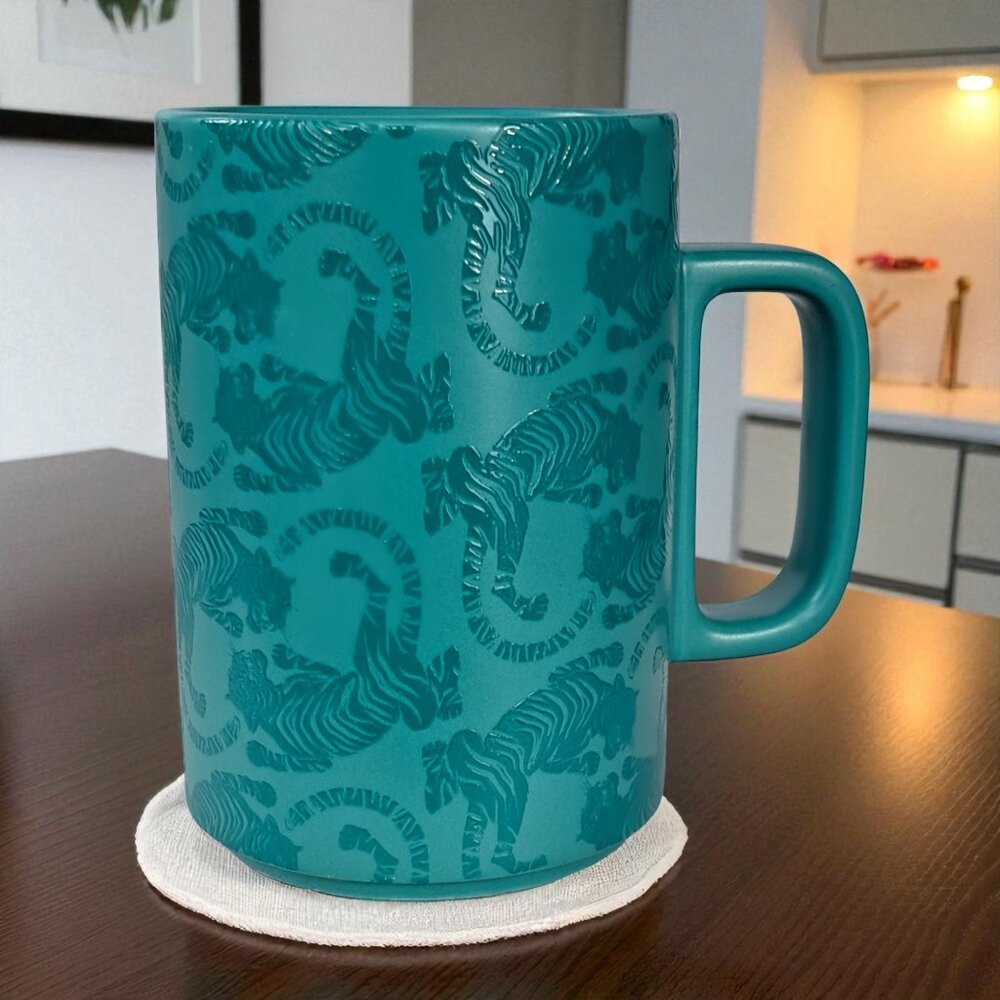Starbucks "SUMATRA TIGER" Mug Teal Blue Green Embossed 12oz Coffee Tea 2018